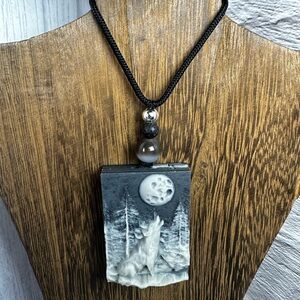 Tai Chi Stone Wolf Pendant Necklace on Black Adjustable Rope